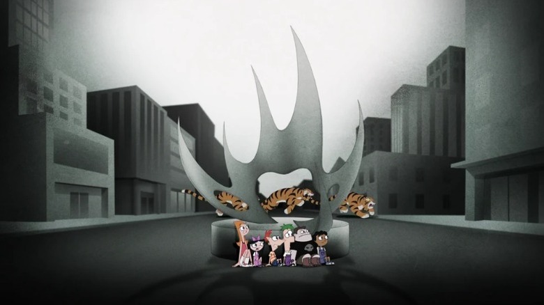 Candace, Isabella, Phineas, Ferb, Buford, and Baljeet hiding from tigers behind a statue
