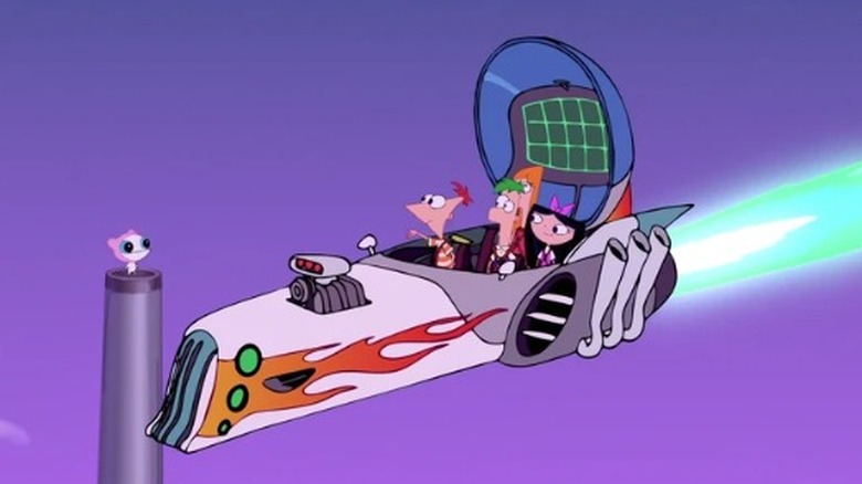 Phineas, Ferb, Candace, and Isabella sitting in a hovercraft next to Meep