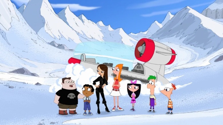 Buford, Baljeet, Vanessa, Candace, Isabella, Ferb, and Phineas standing in the Himalayas next to a crashed aircraft