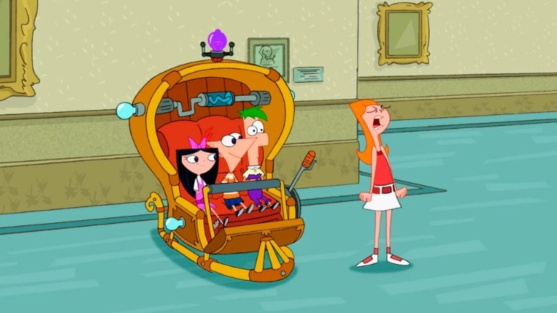 Candace yelling next to a time machine with Isabella, Phineas, and Ferb in it