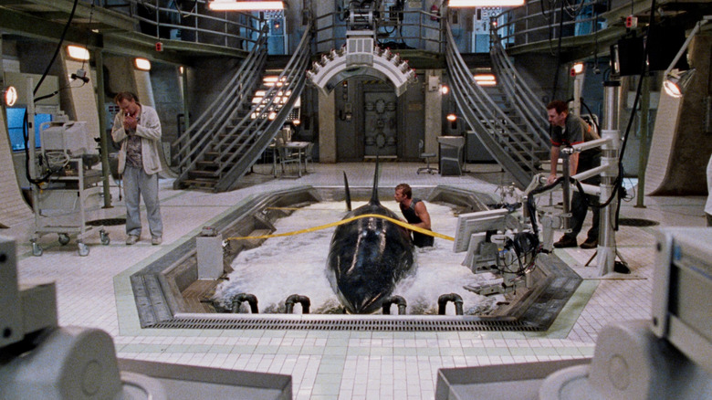 Shark being kept in a shallow tank in a science lab in "Deep Blue Sea"