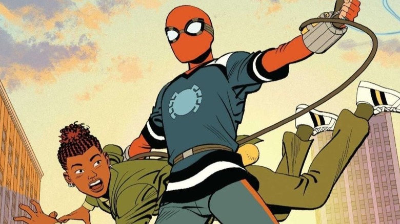 Spider-Man swinging through New York in "Your Friendly Neighborhood Spider-Man"