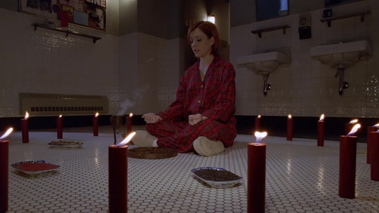Willow casting a spell on restroom floor