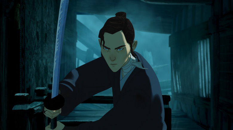 Mizu holding a sword and scowling in Blue Eye Samurai season 2 (2027)