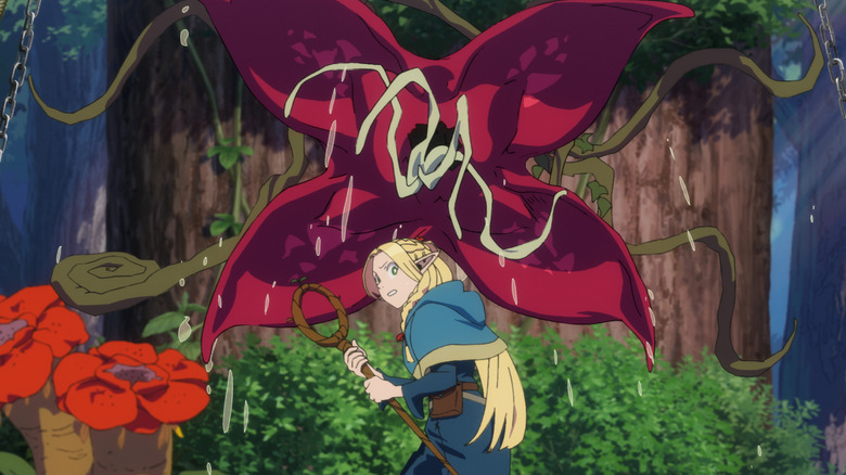Marcille Donato battling a giant plant in Delicious in Dungeon (2024)