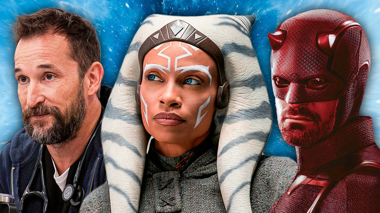 Dr. Robby from The Pitt, Daredevil, and Ahsoka Tano against a blue background