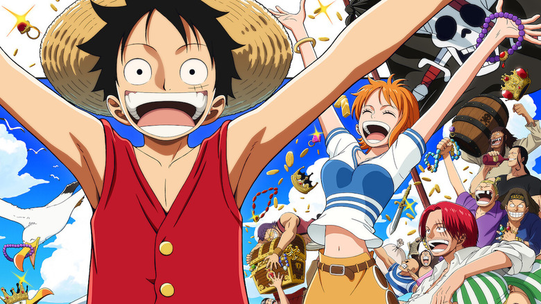 Monkey D. Luffy and the Straw Hat Pirates celebrating with treasure in a poster for The One Piece (2027)