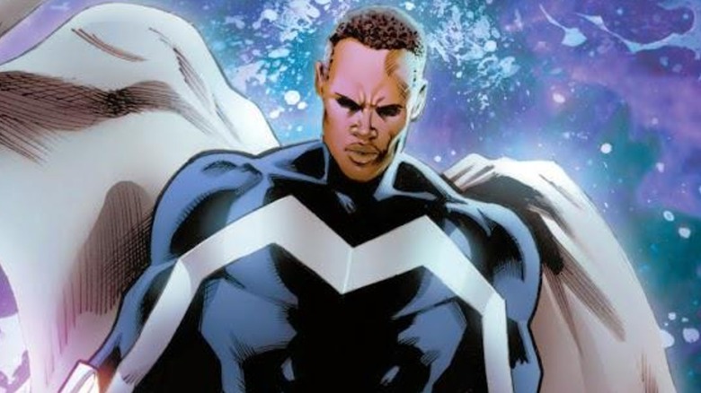 Blue Marvel floating in space while looking down