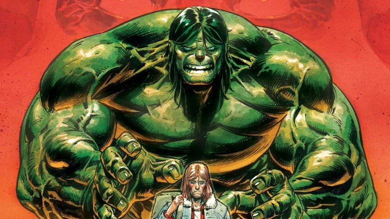 Bruce Banner walking with the shadow of the Hulk behind him