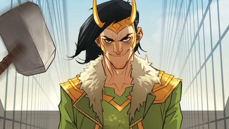 Loki smiling while tossing Mjolnir on a bridge