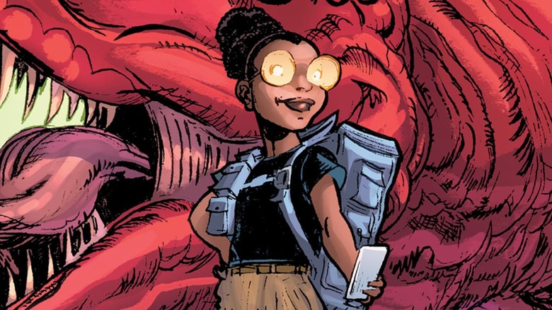 Moon Girl looking at her phone with Devil Dinosaur growling behind her