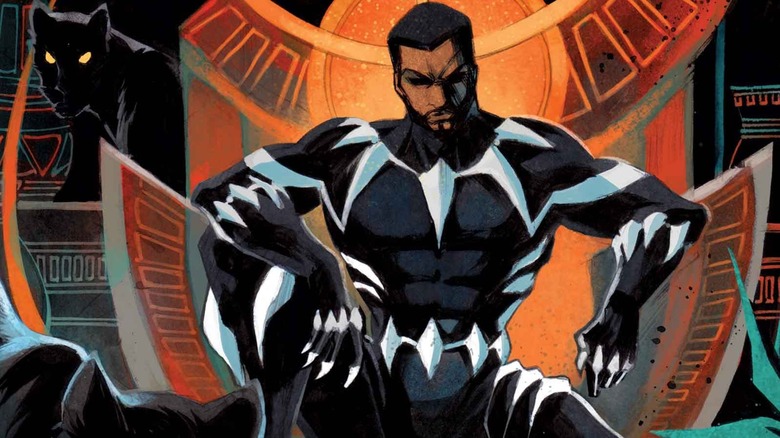 T'Challa sitting on his throne amidst black panthers
