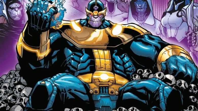 Thanos sitting atop a throne of skulls