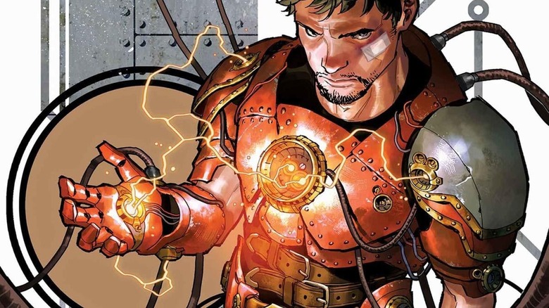 Tony Stark wearing pieces of Iron Man armor