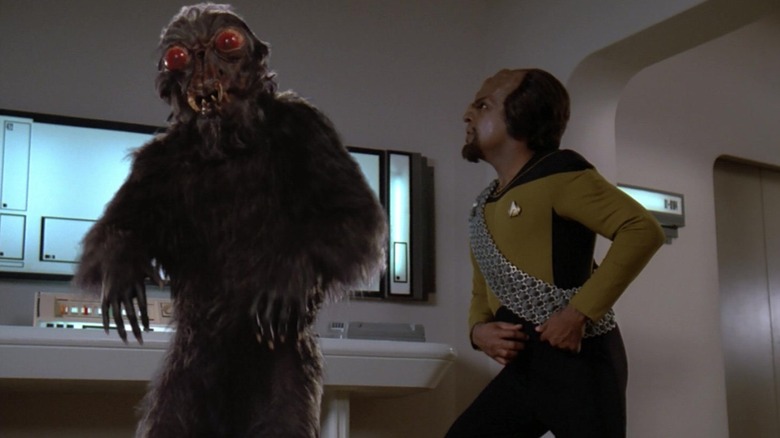 Worf confronts a giant hairy beast in "Star Trek: The Next Generation" (1987-1994)