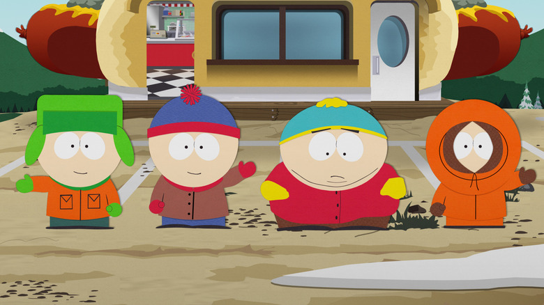 Kyle, Stan, Cartman, and Kenny wave