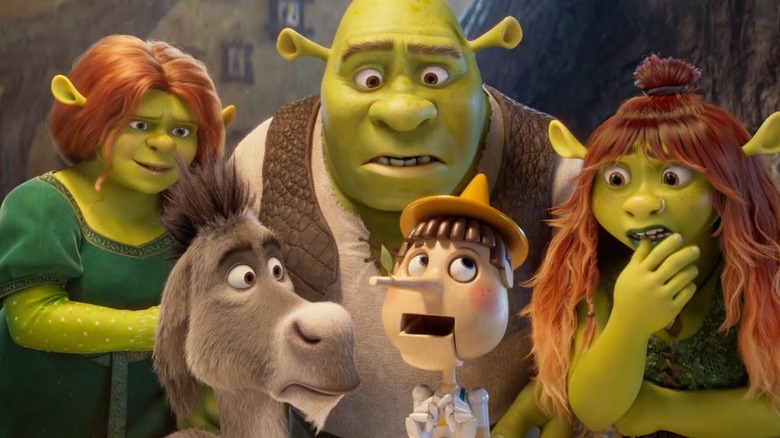 Donkey, Pinnochio, Shrek, Fiona, and their daughter in the "Shrek 5" announcement teaser