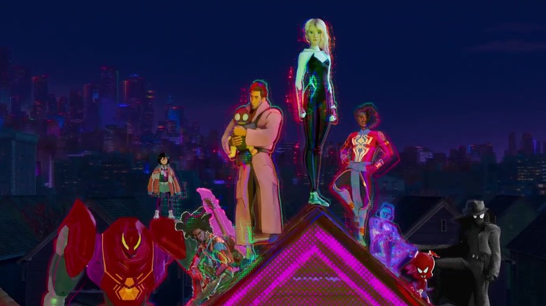 Gwen standing with Peter B., Mayday, Pavitr, Hobie, Margo, Spider-Man Noir, Peni Parker, and Spider-Ham (2023)