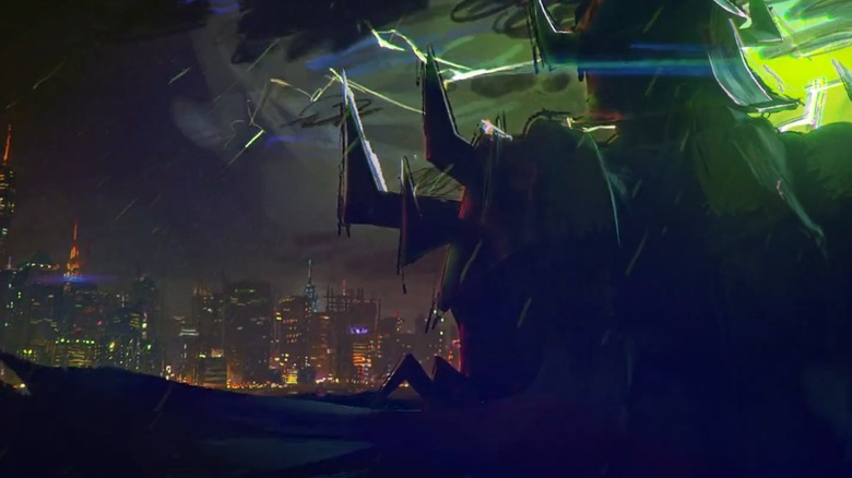 Shredder looking at the NYC skyline in a "Teenage Mutant Ninja Turtles: Mutant Mayhem" post-credits scene