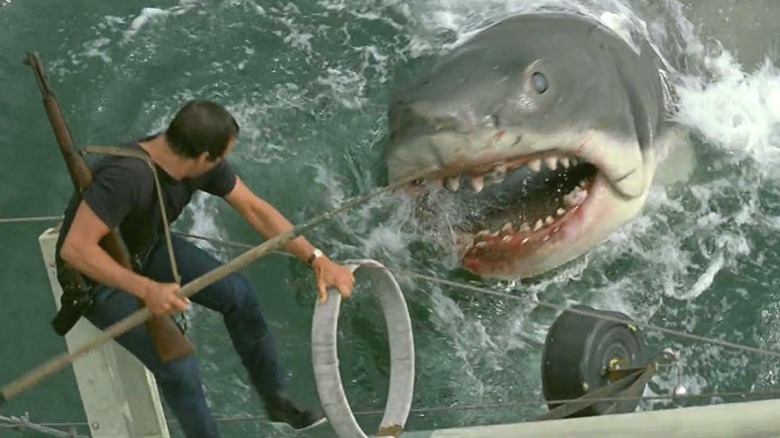 Brody facing off against the shark "Bruce" in "Jaws"