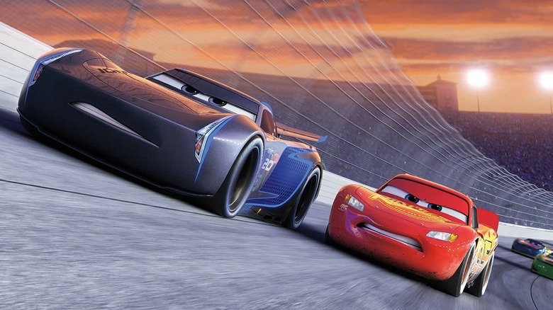 Jackson Storm outracing Lightning McQueen in Cars 3