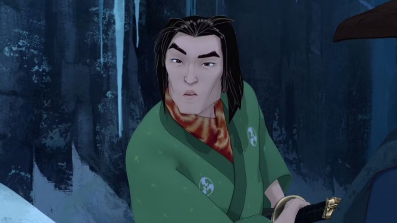 Taigen in green robes standing in a snowy forest in Blue Eye Samurai