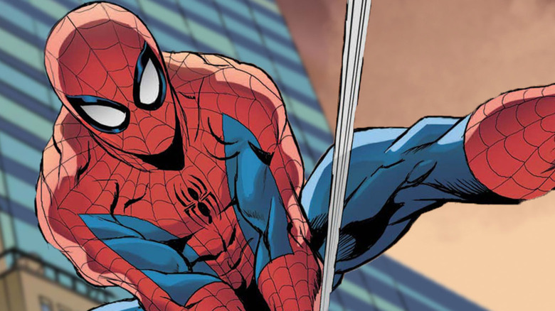 Spider-Man swinging on his web