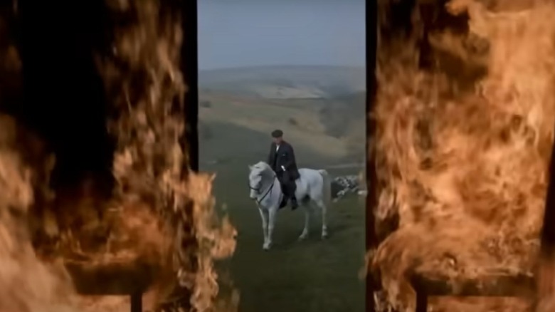 Tommy rides away on a horse