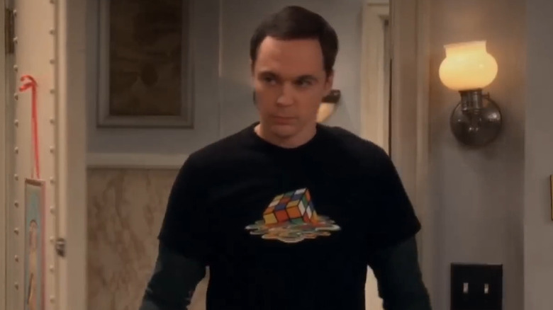 Sheldon wearing a melting Rubik's Cube shirt in "The Big Bang Theory"