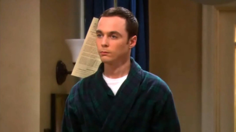 Sheldon with the roommate agreement stuck to his shoulder on "The Big Bang Theory"