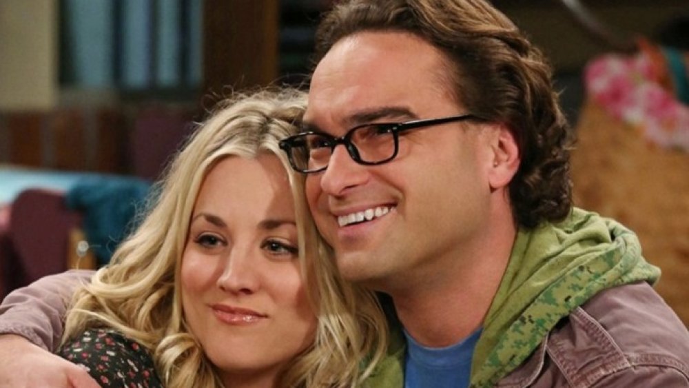 Kaley Cuoco and Johnny Galecki as Penny and Leonard on The Big Bang Theory