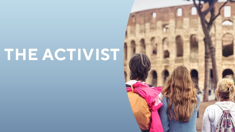 Three people looking at the Coliseum over The Activist's title card