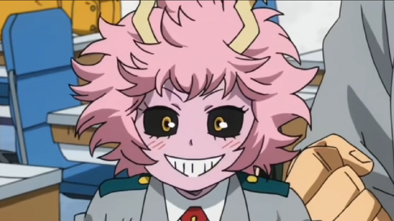 Mina Ashido in school uniform grinning 