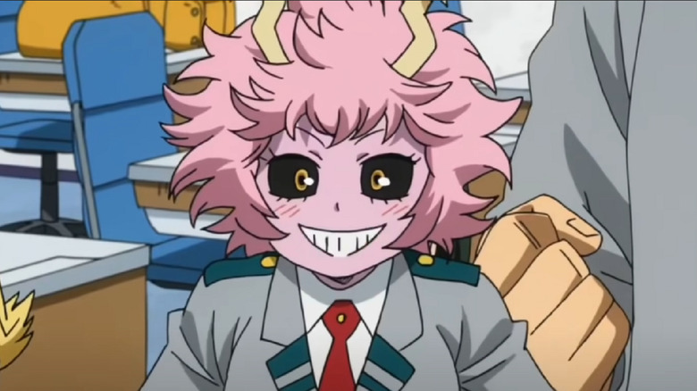 Mina Ashido in school uniform grinning