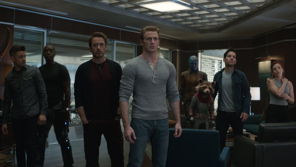 Jeremy Renner, Don Cheadle, Robert Downey Jr., Chris Evans, Karen Gillan, Paul Rudd, and Scarlett Johansson in Avengers: Endgame. 