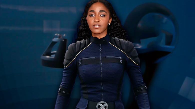 Ayo Edebiri wearing a "X-Men" suit. 