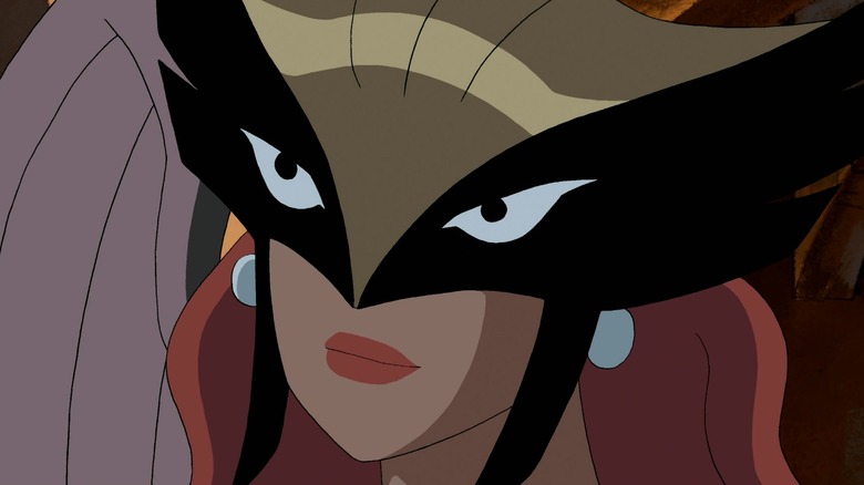 Animated masked Hawkgirl smiling slightly