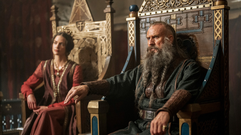 Emma of Normandy and Forkbeard sitting on thrones in the English court