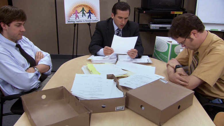Jim, Michael, Dwight in conference room