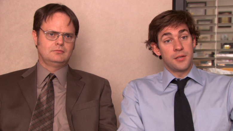 Dwight and Jim addressing camera
