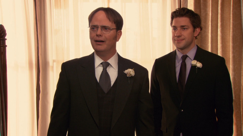 Dwight and Jim wearing suits