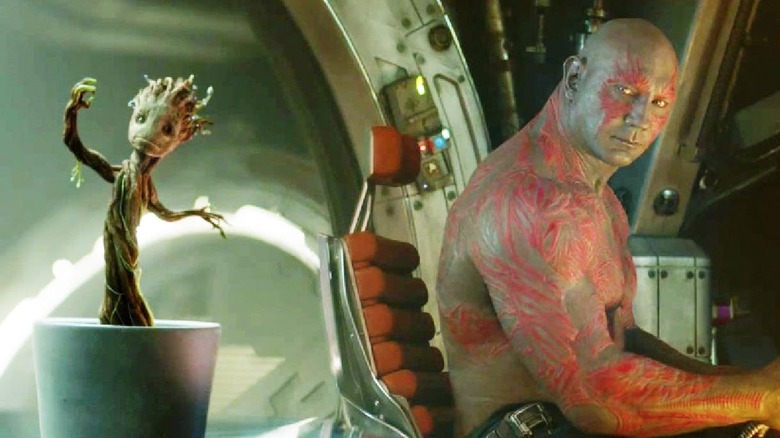 Drax is suspicious of Baby Groot in "Guardians of the Galaxy"
