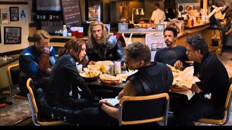 The Avengers sit around eating shawarma in "The Avengers" (2012)