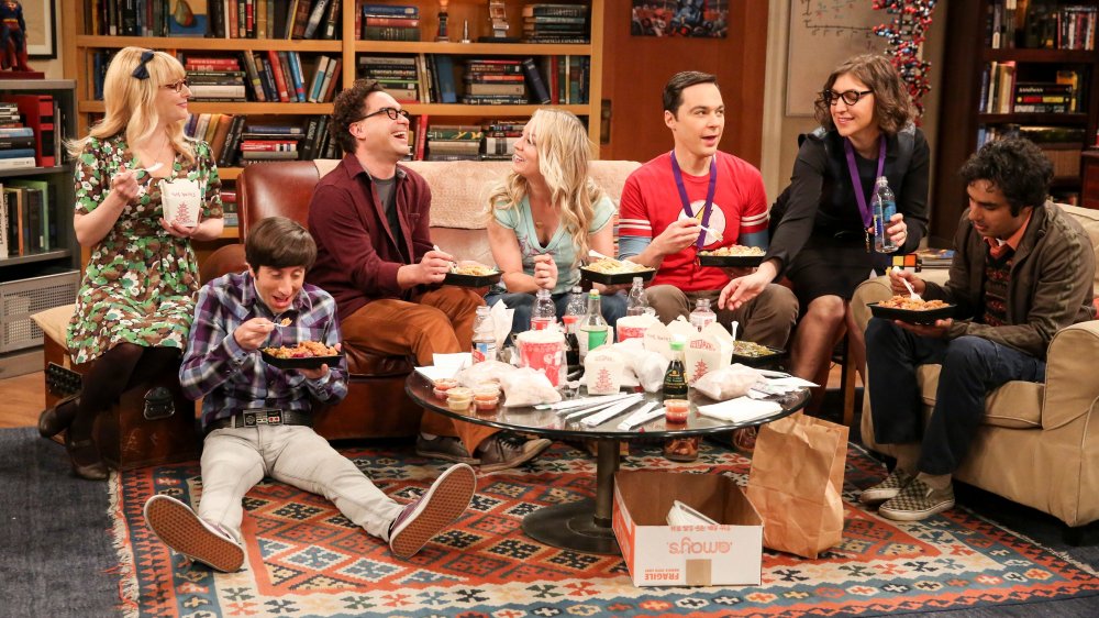 Melissa Rauch, Simon Helberg, Johnny Galecki, Kaley Cuoco, Jim Parson, Mayim Bialik, and Kunal Nayyar, as Bernadette, Howard, Leonard, Penny, Sheldon, Amy, and Raj from The Big Bang Theory