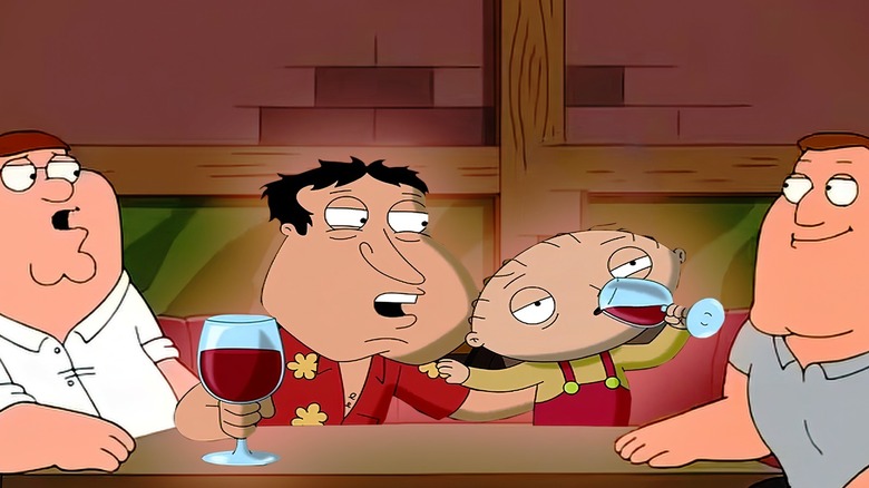 Peter, Quagmire, Stewie, and Joe drinking