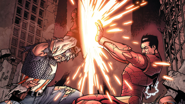 Captain America blocking Iron Man's beams