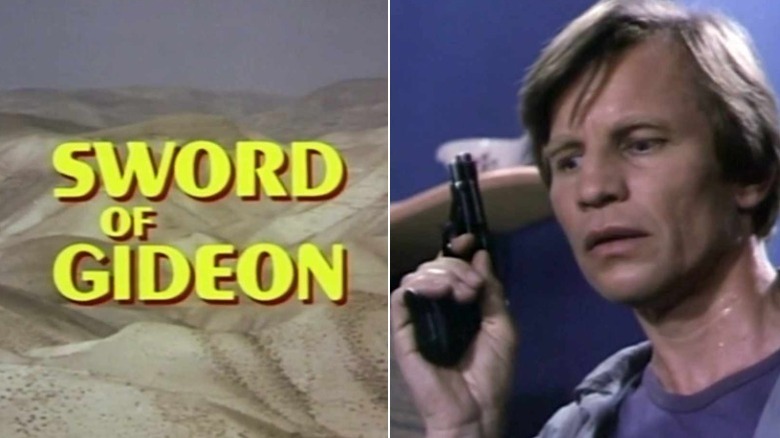 Sword of Gideon title and Michael York with gun