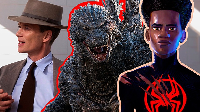 Oppenheimer image next to Godzilla next to Miles Morales