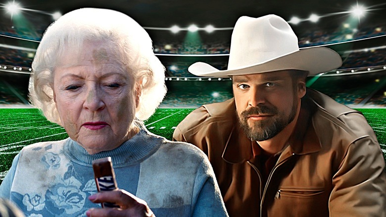 Betty White, David Harbour, football field