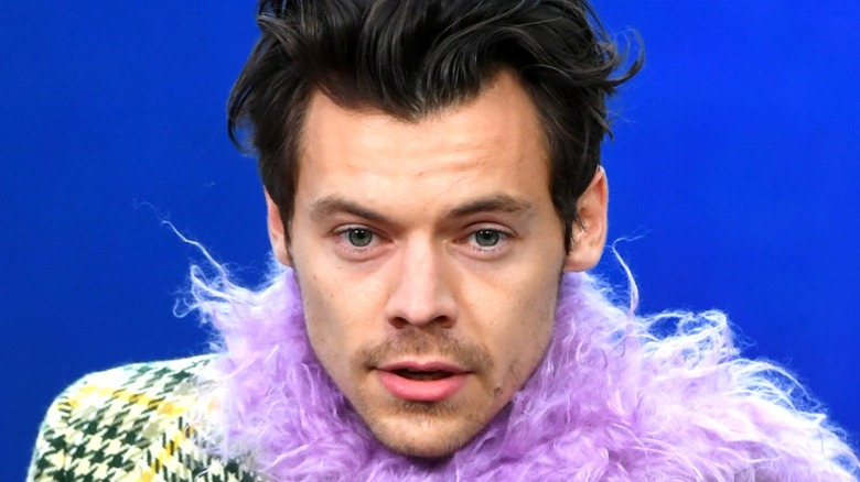 Harry Styles wearing a purple scarf